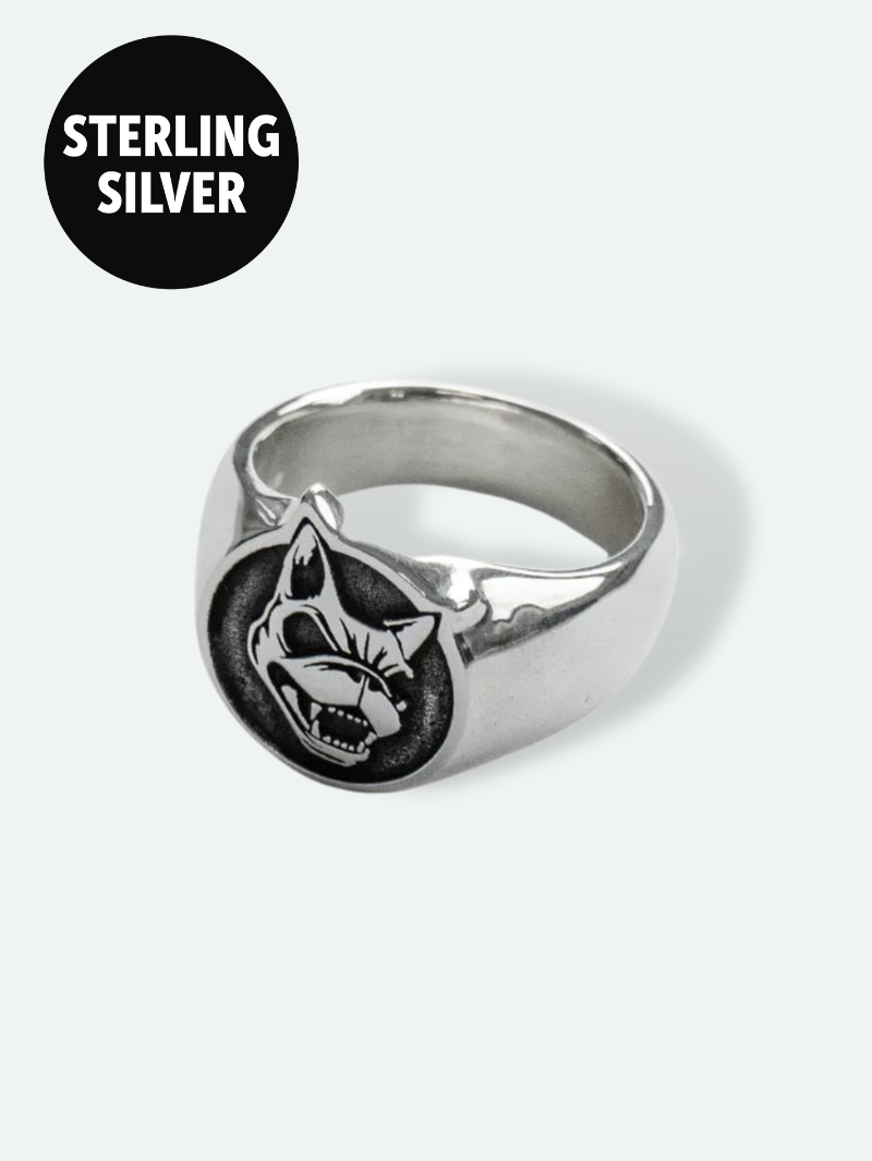 Sterling silver ring featuring an engraved snarling dog head within a circular setting, part of the Download x ParabellumLDN collection.