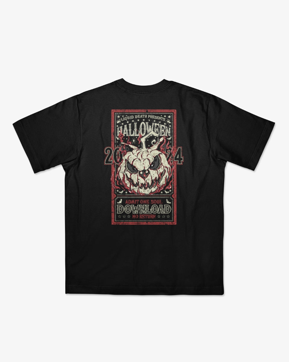 Back of the Download Admit One Soul Halloween T-shirt featuring a large poster-style graphic with 'Liquid Death Presents' at the top, a carved pumpkin-style Download dog surrounded by flames, and text reading 'Halloween', '2024', 'Admit One Soul', 'Download' and 'No Return' printed on a black background.