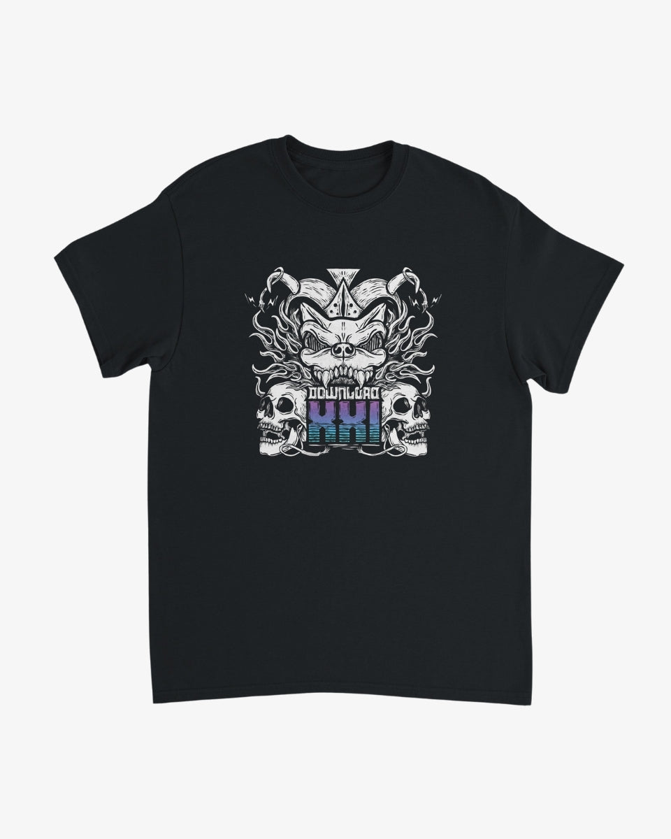 Download XXI Event Line Up T-shirt featuring a white Download dog logo with flames and skulls above purple and blue 'Download XXI' text, printed on a black background.
