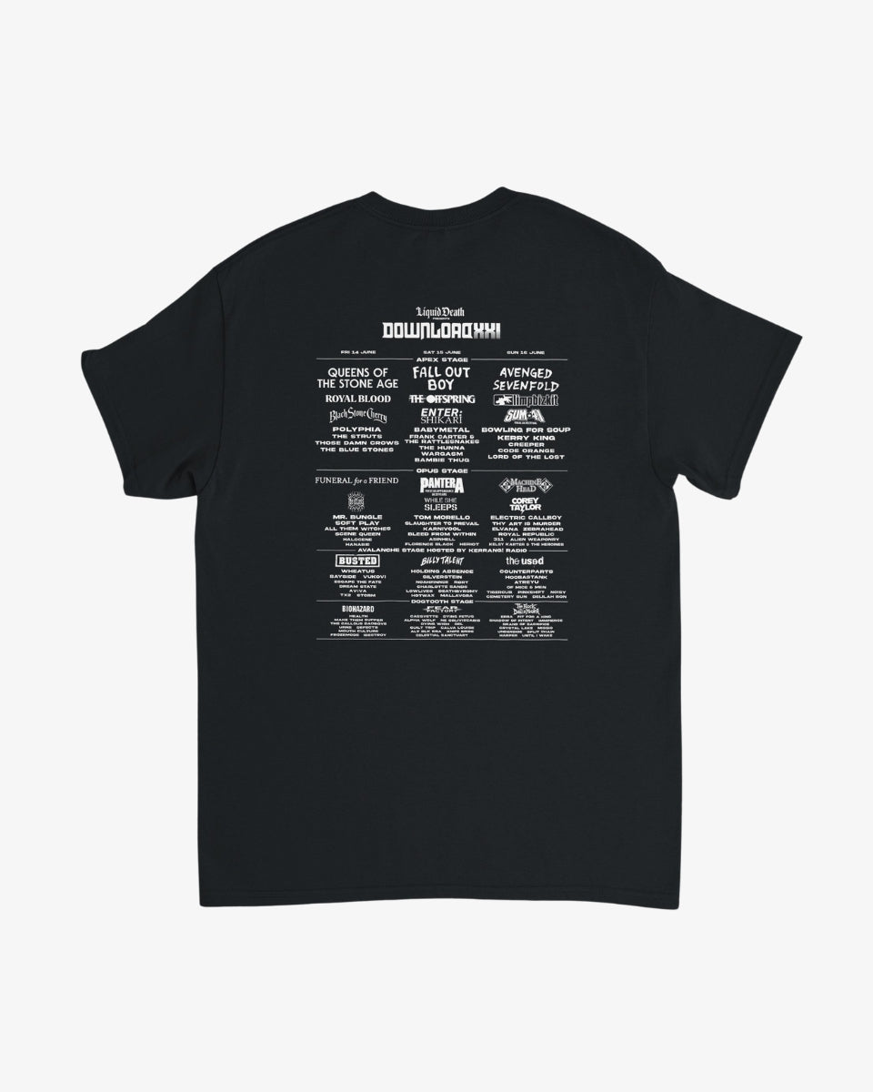 Back of the Download XXI Event Line Up T-shirt featuring the full 2024 festival line-up printed in white on a black background, with headliners Queens of the Stone Age, Fall Out Boy, and Avenged Sevenfold, and the Liquid Death logo at the top.
