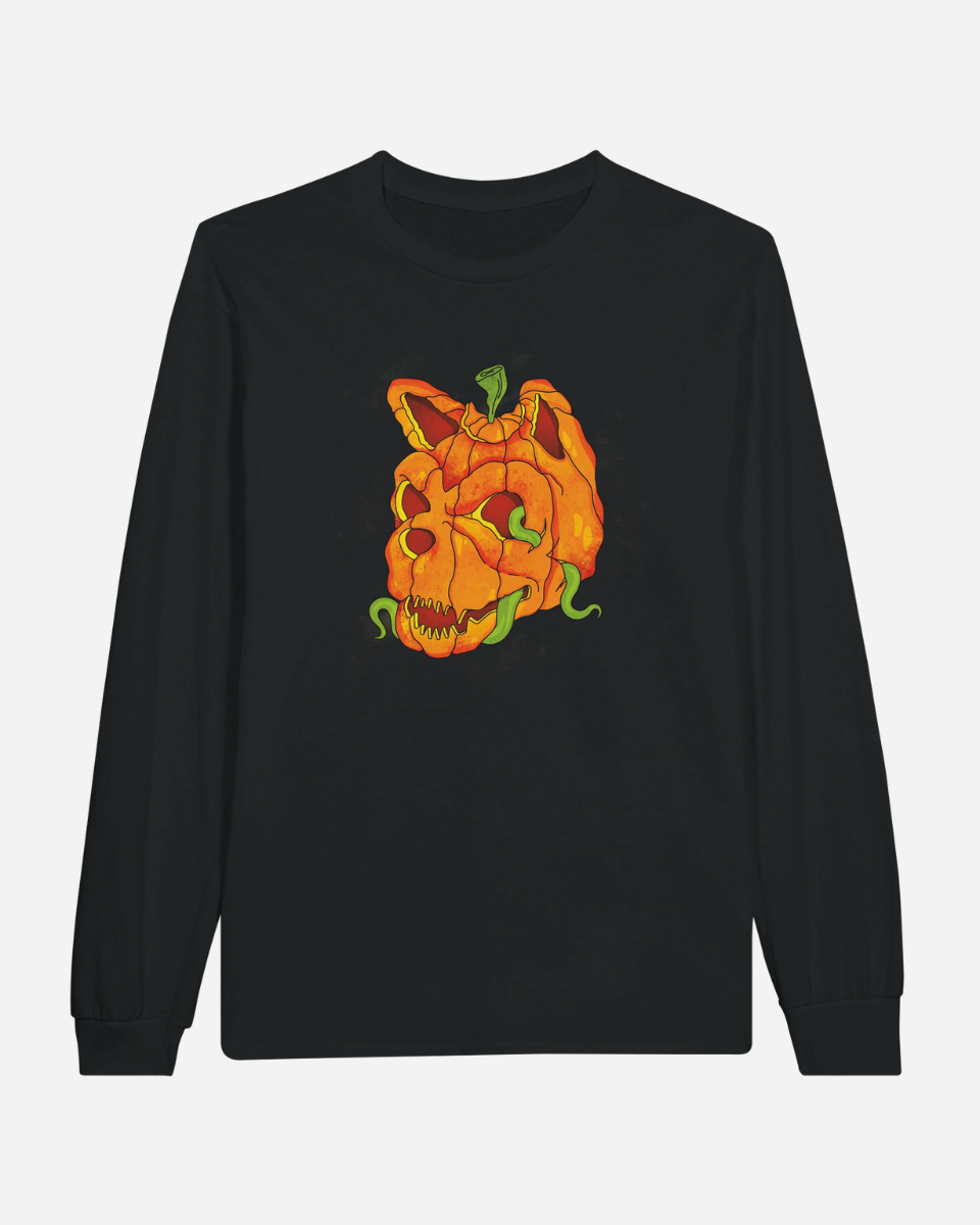 The Download Festival Shop Download Pumpkin Head Black Long-Sleeve T-Shirt is a black unisex tee featuring a graphic of a pumpkin carved like a skull, complete with green vines emerging from its mouth and eyes.