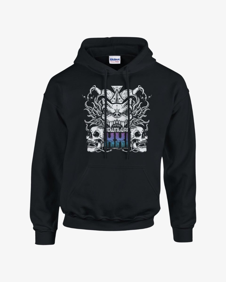 Download XXI 2024 Event Line Up hoodie featuring a bold white design of the Download dog logo with flames, skulls, and crown details, above 'Download XXI' text in a blue and purple gradient, printed on a black hoodie.