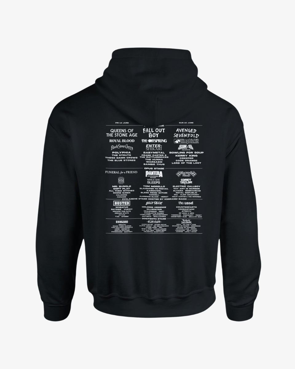 Back of the Download XXI 2024 Event Line Up hoodie featuring the full festival line-up printed in white text on a black background, listing headliners including Queens of the Stone Age, Fall Out Boy, Avenged Sevenfold, and many more.