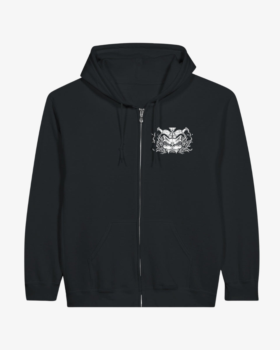 The Download XXI Event Line Up Zip Hoodie is a black zip hoodie made from eco-friendly organic cotton, featuring a white detailed dog face graphic on the left chest, with a drawstring hood and front pockets.