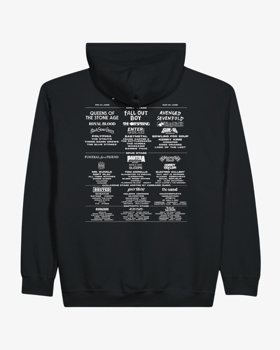 The Download XXI Event Line Up Zip Hoodie is an eco-friendly black zip-up featuring a festival-style lineup graphic on the back with various rock band names in white, arranged like a classic concert poster.