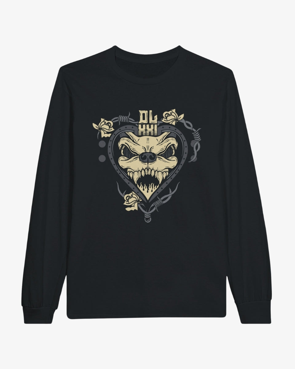 Download XXI Tattoo Line Up Long Sleeve: Black shirt with a creature’s face inside a heart, surrounded by roses, barbed wire, abstract art, and stylized text. Classic fit; refer to our size guide for your perfect made-to-order piece.