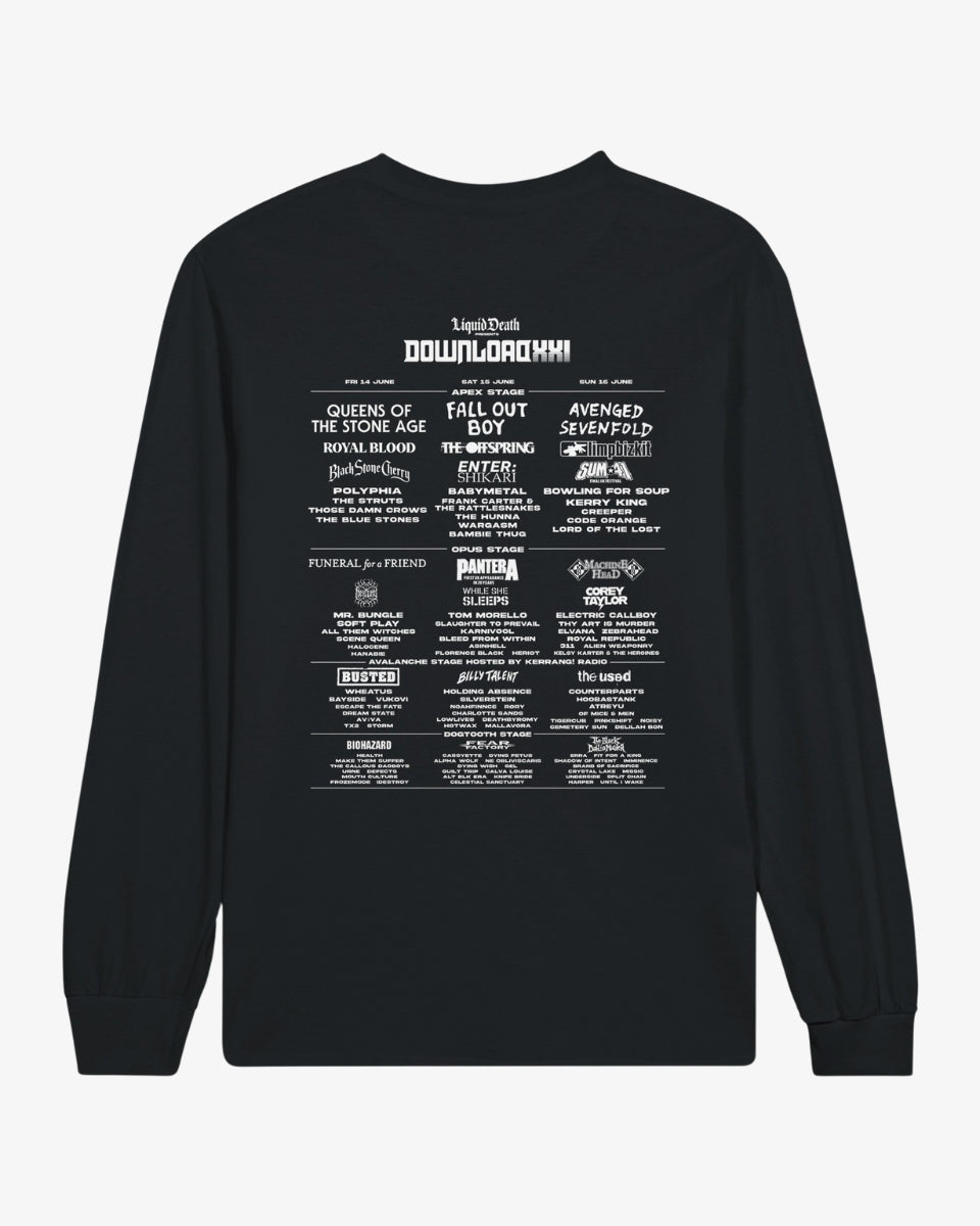 The Download XXI Tattoo Line Up Long Sleeve features a black classic fit and white back text listing bands like Queens of the Stone Age and Fall Out Boy. Check the size guide to find your perfect festival shirt.