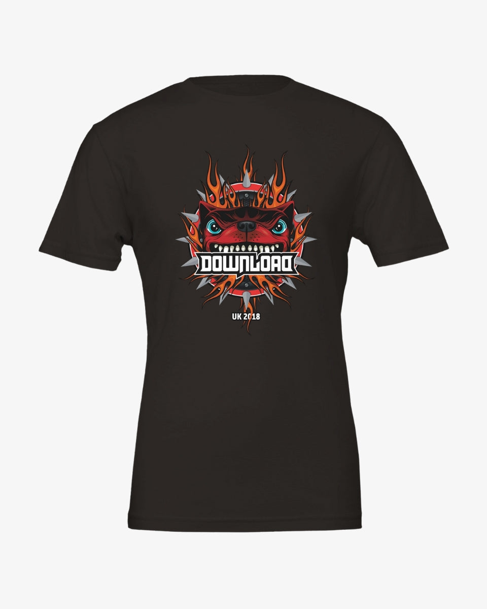 Download Retro 2018 Line Up T-shirt made from eco-friendly Airlume cotton, featuring the Download dog logo surrounded by flames and spikes, with 'Download UK 2018' text beneath, printed on a black background.
