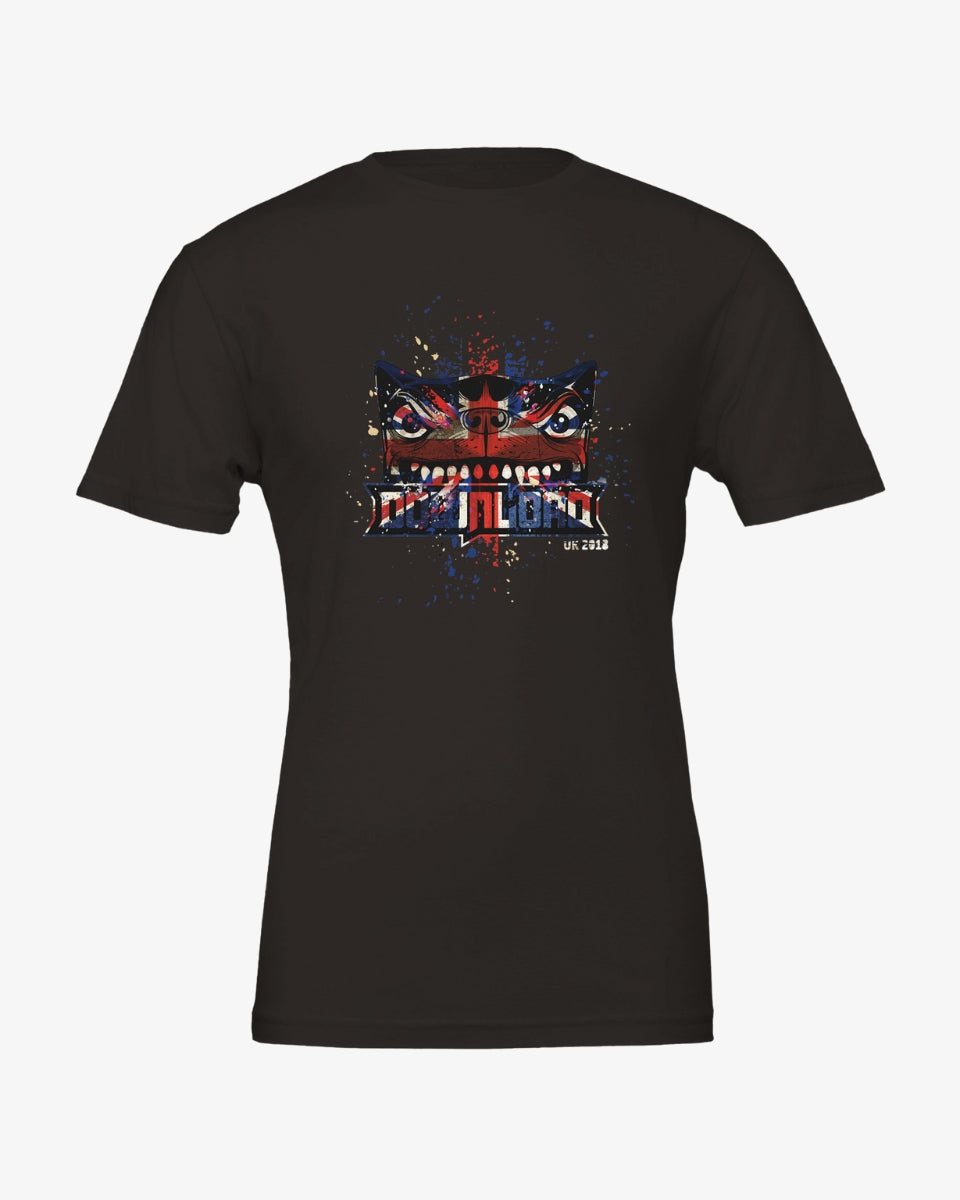 Download Retro 2018 Line Up T-shirt made from eco-friendly Airlume cotton, featuring the Download dog logo over a splattered Union Jack flag design, with 'Download UK 2018' text, printed on a black background.