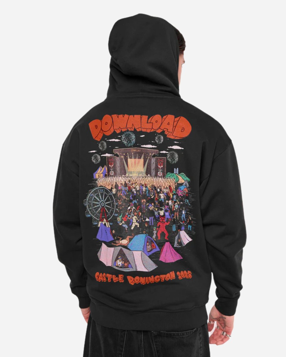 Someone wears the Mary Wyatt Paradise Pullover Hoodie from Download Festival Shop, featuring vibrant artwork on the back of a festival scene with tents, Ferris wheel, stage, crowds, and Download Castle Donington 2023 text.