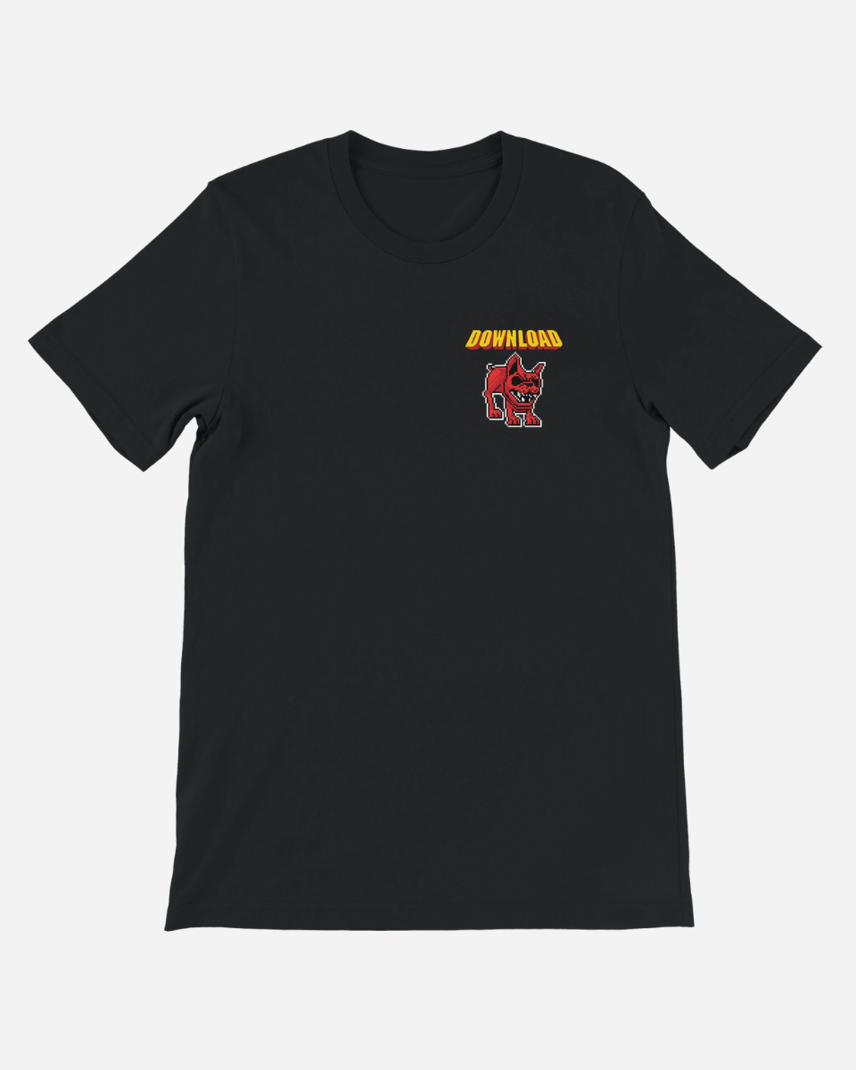 Black t-shirt with a red and yellow logo on a white background