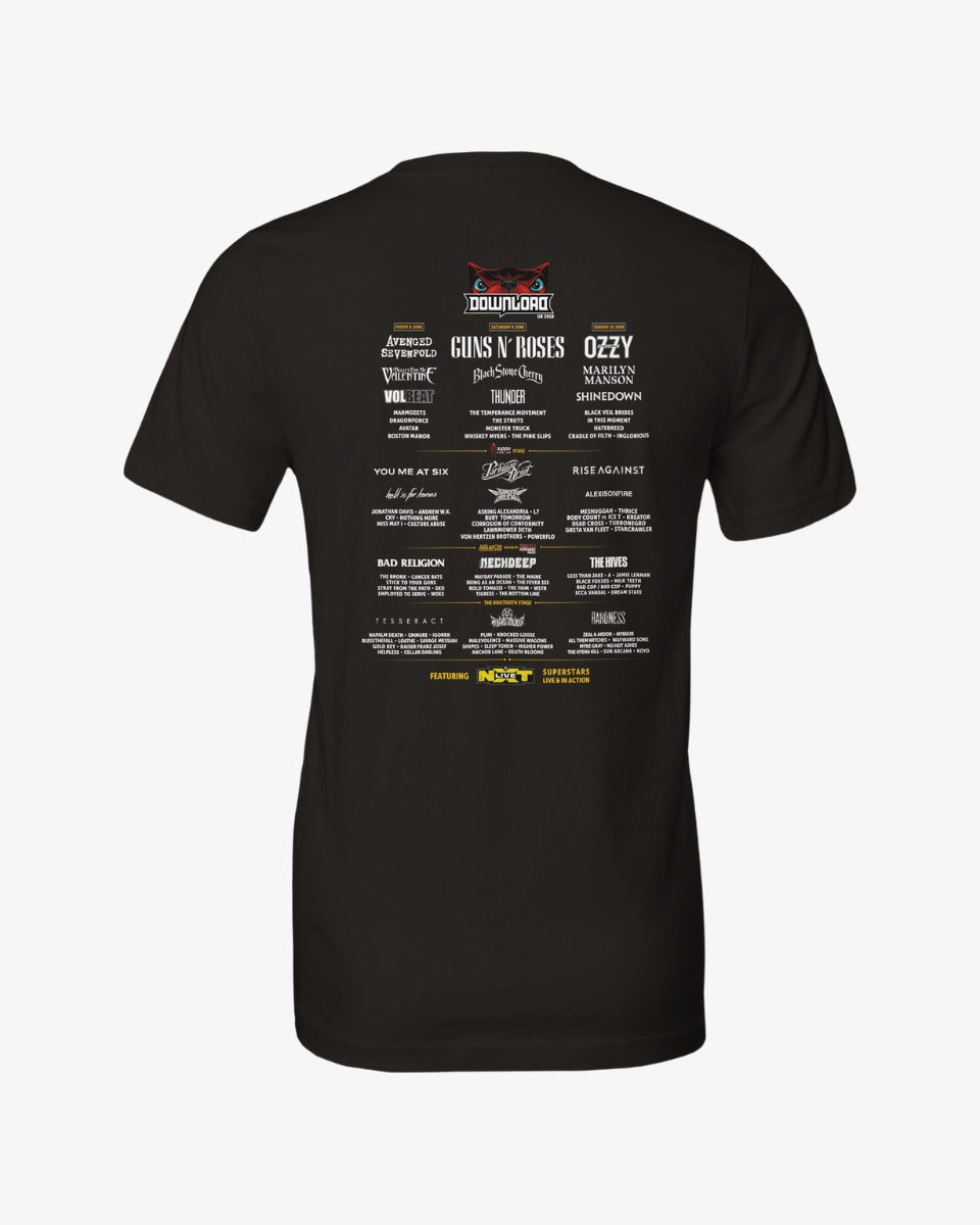 Back of the Download Retro 2018 Line Up T-shirt made from eco-friendly Airlume cotton, featuring the Download Festival logo with the red dog graphic at the top and the full 2018 line-up printed below, including Guns N’ Roses, Avenged Sevenfold, Ozzy Osbourne, Marilyn Manson, and more, on a black background.