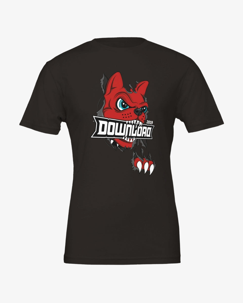 The Download Retro 2019 Line Up T-Shirt is a black tee made from soft Airlume cotton, showcasing a red cartoon dog with sharp teeth and blue eyes, plus bold white DOWNLOAD and 2019 text, all crafted using eco-friendly methods.