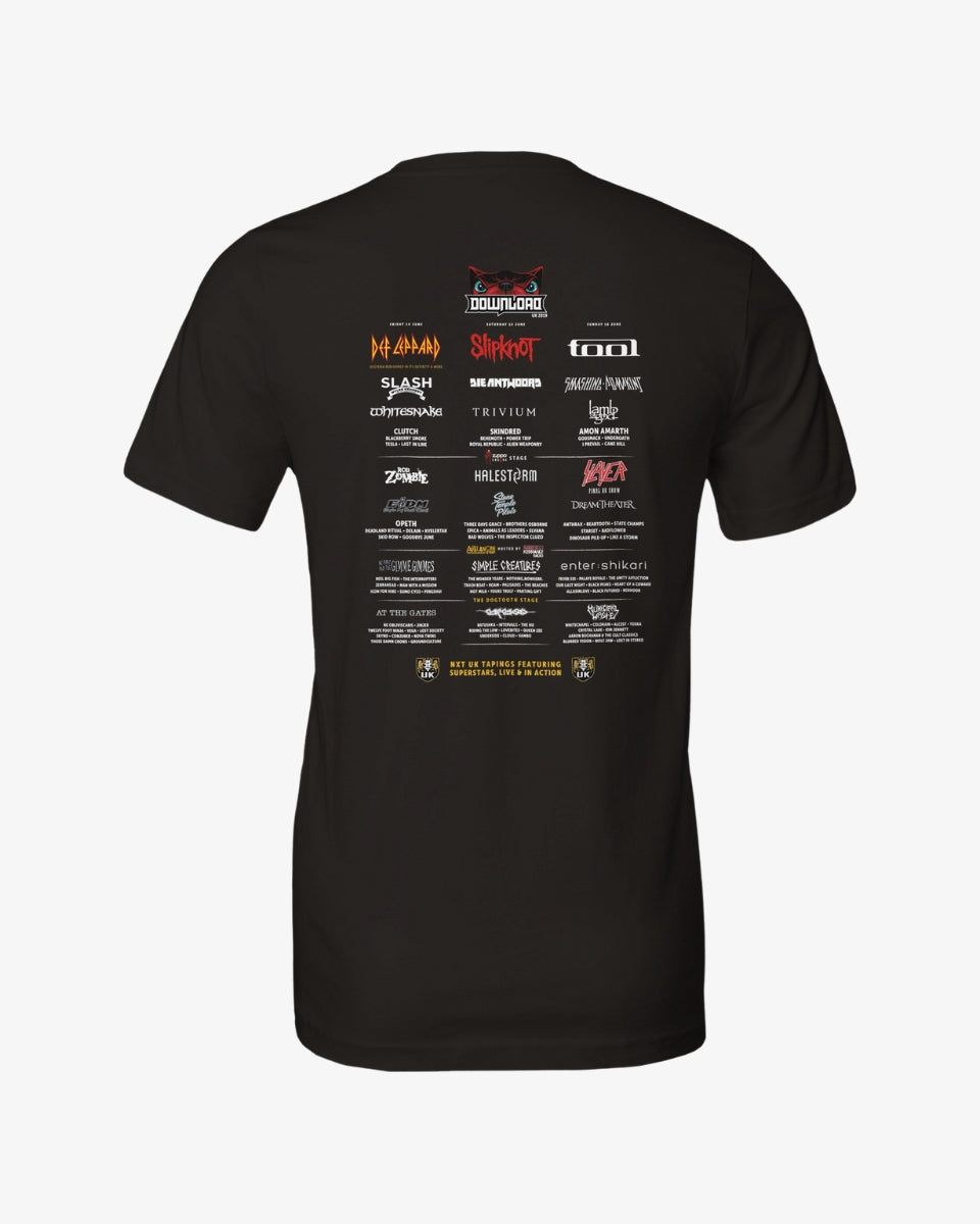 The Download Retro 2019 Line Up T-Shirt features a black design with the festival logo on soft Airlume cotton. The back displays band names and sponsors in colorful rows, concert-style, printed with high-quality DTG printing.