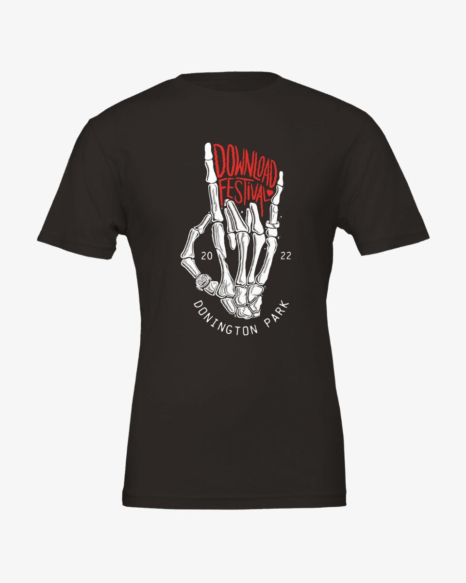 The Download Retro 2022 Line Up T-Shirt is a black tee made from soft Airlume cotton, with a skeletal hand rock gesture, Download Festival in red, and 2022 Donington Park below. Eco-friendly production for responsible rocking.