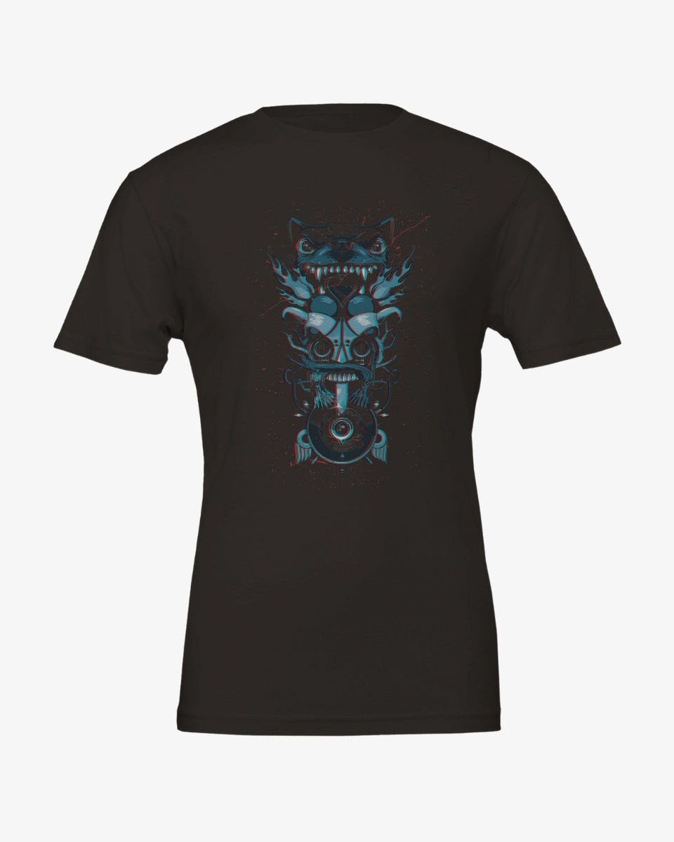 Download Retro 2022 Line Up T-shirt made from eco-friendly Airlume cotton, featuring a totem-style vertical design on the front with the Download dog logo, flames, tribal-style graphics, and a vinyl record, printed in blue, red and black on a black background.