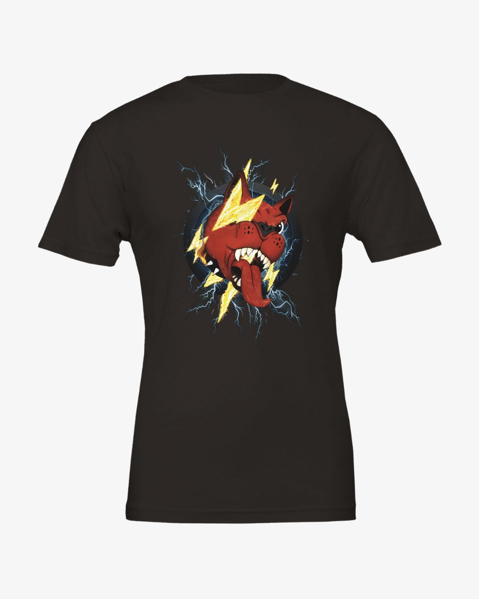 Download Retro 2022 Line Up T-shirt made from eco-friendly Airlume cotton, featuring a red cartoon-style Download dog with its tongue out, surrounded by yellow lightning bolts and blue electric sparks, on a black background.