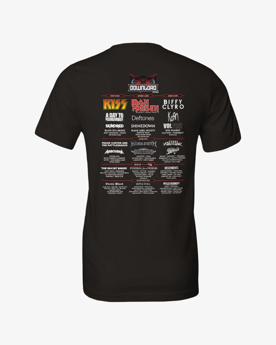 The Download Retro 2022 Line Up T-Shirt is a black tee made from soft Airlume cotton, featuring the Download Festival 2022 lineup—including KISS, Iron Maiden, Korn—vibrantly printed on the back in bold fonts using DTG technology.