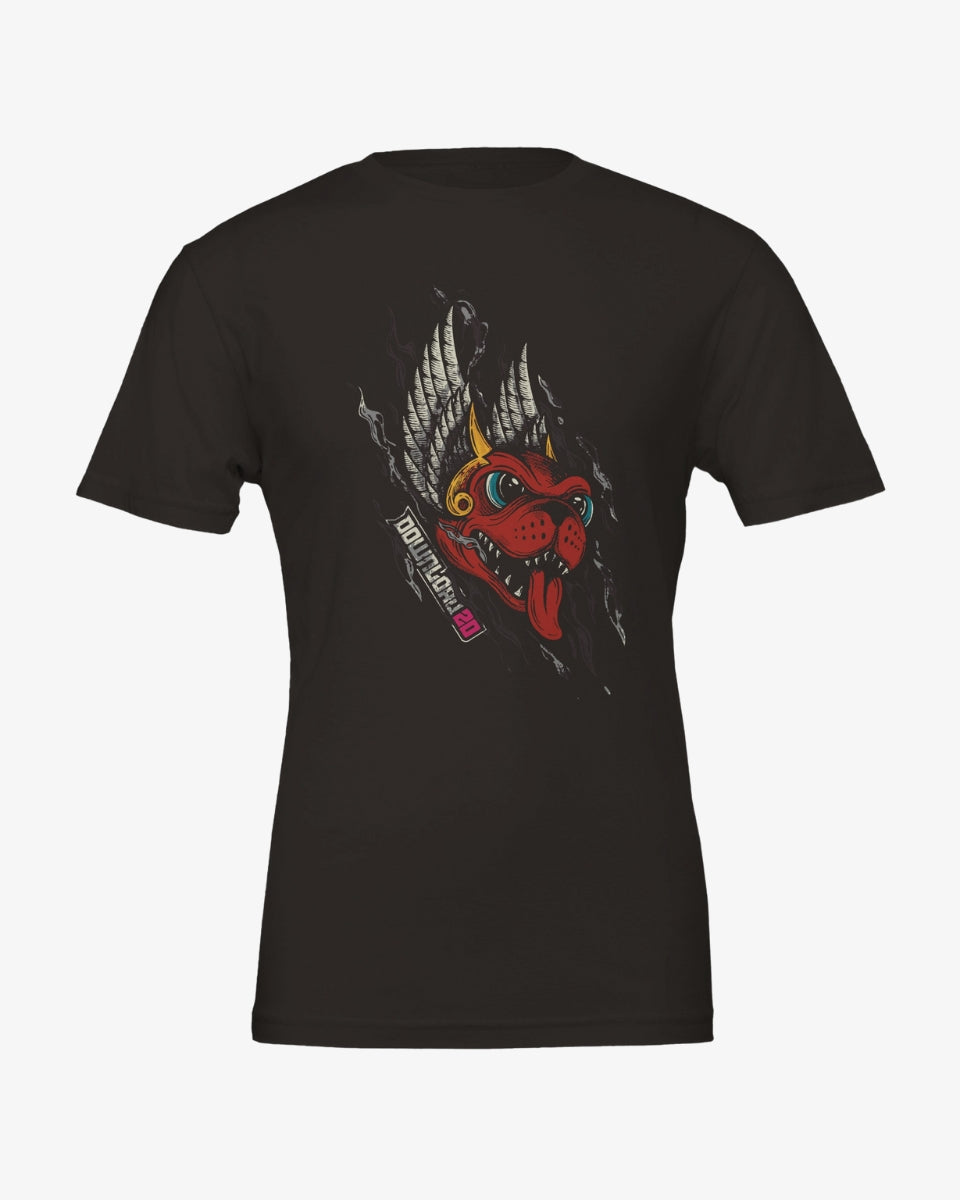 The Download Retro 2023 Line Up T-Shirt is a black, eco-friendly Airlume cotton tee with a vivid DTG-printed design: a colorful stylized dog head with horns, sharp teeth, and wings tearing through the fabric. Tom Walker appears beside the artwork.