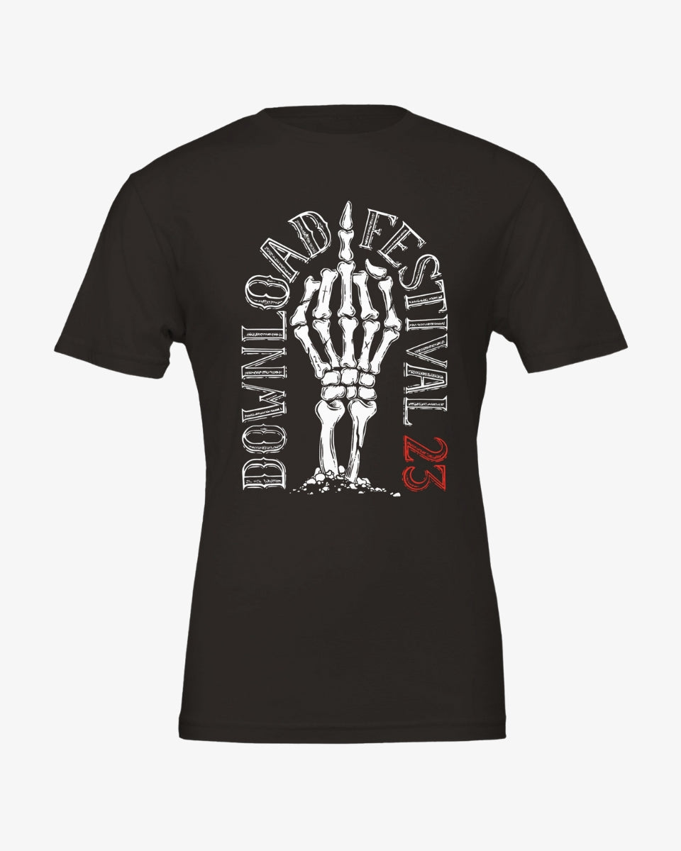 The Download Retro 2023 Line Up T-Shirt is a black, made-to-order tee crafted from soft Airlume cotton, featuring a white skeletal hand gripping a microphone and Download Festival with 23 in red for the year.