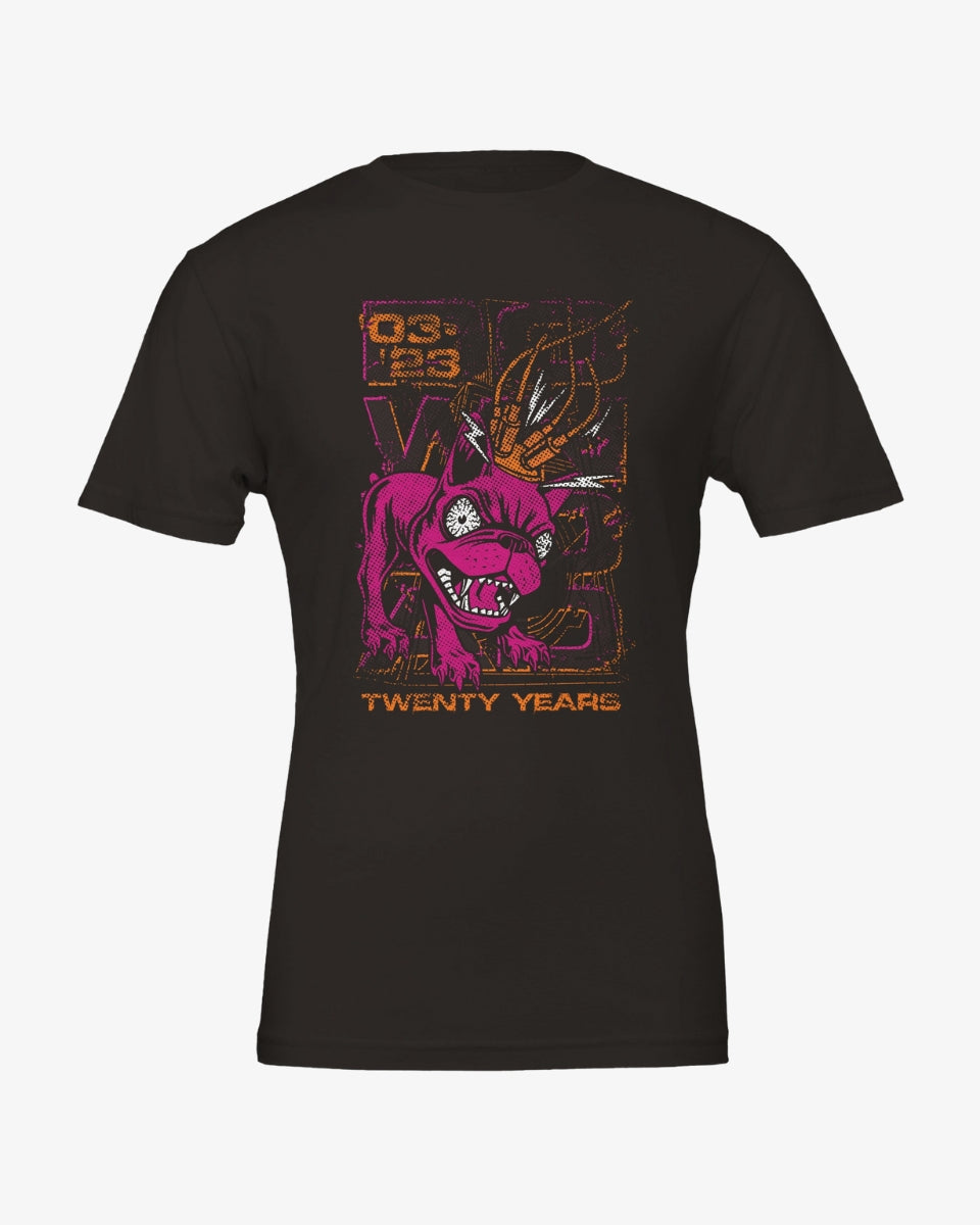 The Download Retro 2023 Line Up T-Shirt is a black tee made from eco-friendly Airlume cotton, featuring a vibrant graphic of a pink, sharp-toothed creature and text: “03 23,” “TWENTY YEARS,” plus stylized background letters.