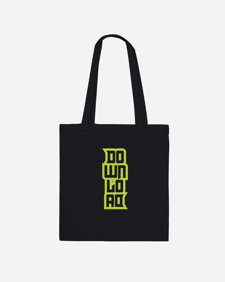 Introducing the Download Day of The Dead Black Tote Bag from Download Festival Shop—a stylish and functional made-to-order tote featuring two handles and bold, yellow-green “DOWNLOAD” lettering printed vertically on the front. Crafted from black cotton, this everyday essential perfectly combines durability with festival flair.