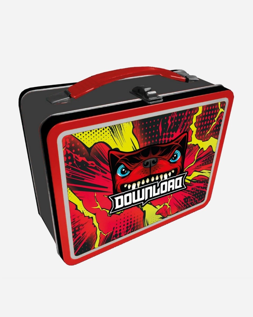 The 2025 Lunchbox is metal with a red handle and features a bold, comic-style black dog face above the word DOWNLOAD, set against dynamic red and yellow explosive graphics on the front.
