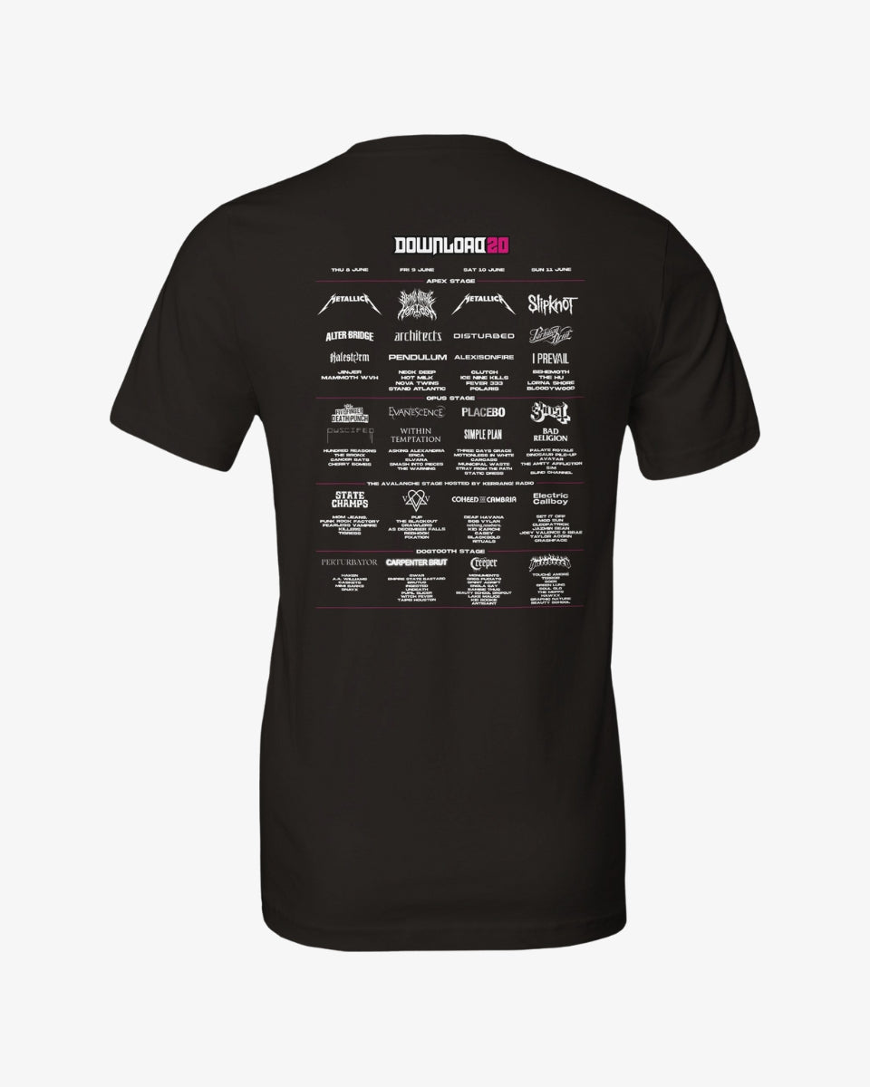 The Download Retro 2023 Line Up T-Shirt is a black tee made from soft Airlume cotton with eco-friendly DTG printing, showing the 2023 Download Festival logo on the front and the full band lineup on the back.