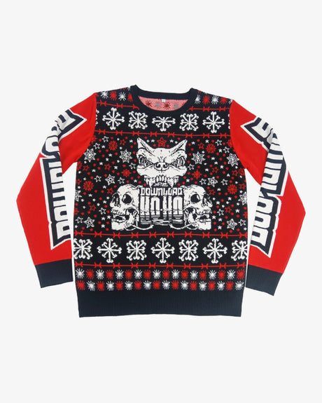 Download Festival Christmas jumper featuring a black, red and white design with the Download dog logo, skull graphics, snowflakes, stars, and barbed wire patterns. 'Download Ho Ho' text is printed on the front, and 'Download' is written down both red sleeves.
