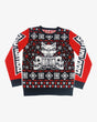 Download Festival Christmas jumper featuring a black, red and white design with the Download dog logo, skull graphics, snowflakes, stars, and barbed wire patterns. 'Download Ho Ho' text is printed on the front, and 'Download' is written down both red sleeves.