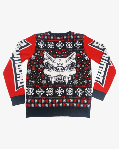Back of the Download Festival Christmas jumper featuring a large white Download dog logo on a black, red and white background with snowflakes, stars, and barbed wire patterns. 'Download' is written down both red sleeves.