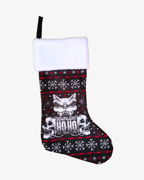 Download Festival Christmas stocking featuring a black background with red barbed wire, white snowflake and star patterns, two skull illustrations, and the iconic Download dog logo above the text 'Download Ho Ho' in bold lettering. The stocking has a fluffy white cuff and a black hanging loop for hanging.
