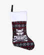 Download Festival Christmas stocking featuring a black background with red barbed wire, white snowflake and star patterns, two skull illustrations, and the iconic Download dog logo above the text 'Download Ho Ho' in bold lettering. The stocking has a fluffy white cuff and a black hanging loop for hanging.