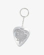 Metal plectrum-shaped keyring with a detailed engraving of the Download dog face and a bold raised letter “D” at the centre, attached to a silver chain and ring.