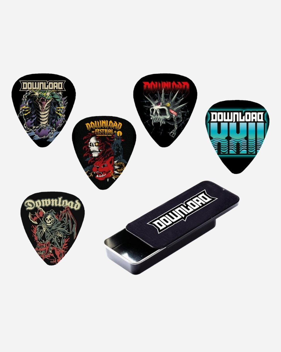 The 2025 Plectrum Set by 2025 features five colorful Download Festival-themed guitar picks and a black rectangular metal case with the Download logo on the lid, shown against a white background.