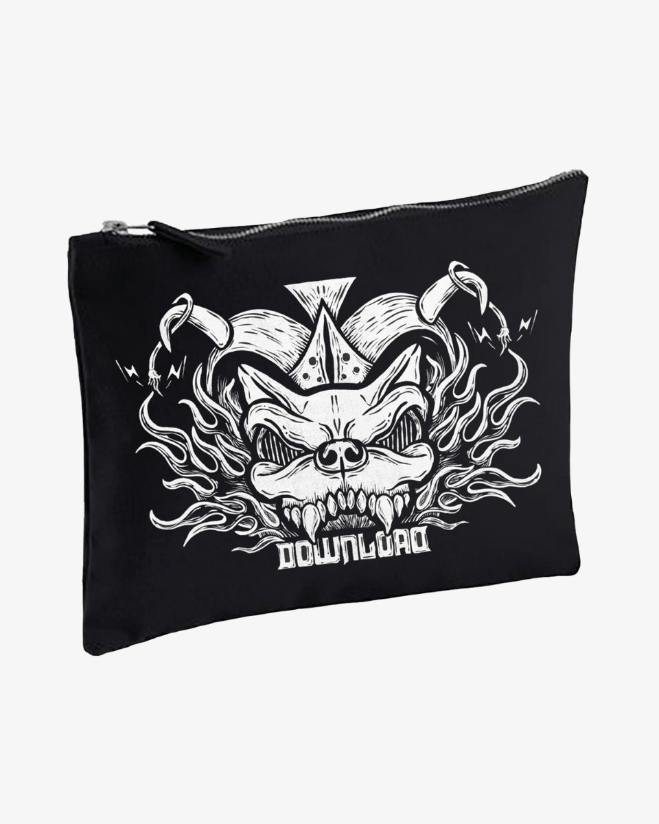 Black zippered makeup bag featuring a bold white graphic of the Download dog with flames surrounding its head, and the word "Download" printed below.