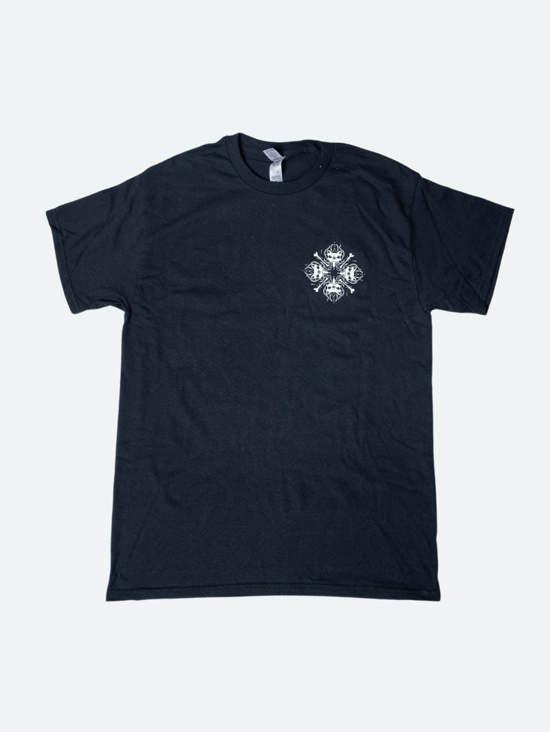 Black T-shirt featuring a small white design on the left chest area, where four mirrored snarling dog heads and crossed bones form a stylised snowflake shape.