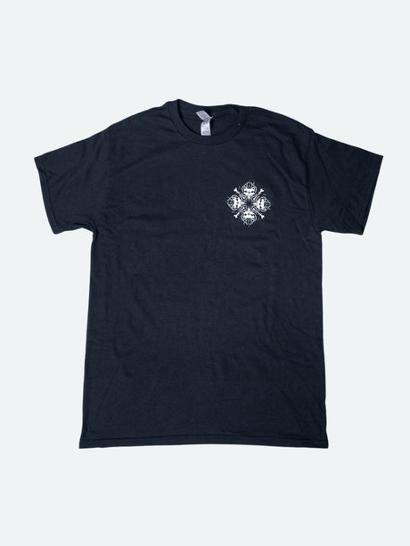 Black T-shirt featuring a small white design on the left chest area, where four mirrored snarling dog heads and crossed bones form a stylised snowflake shape.