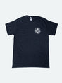 Black T-shirt featuring a small white design on the left chest area, where four mirrored snarling dog heads and crossed bones form a stylised snowflake shape.