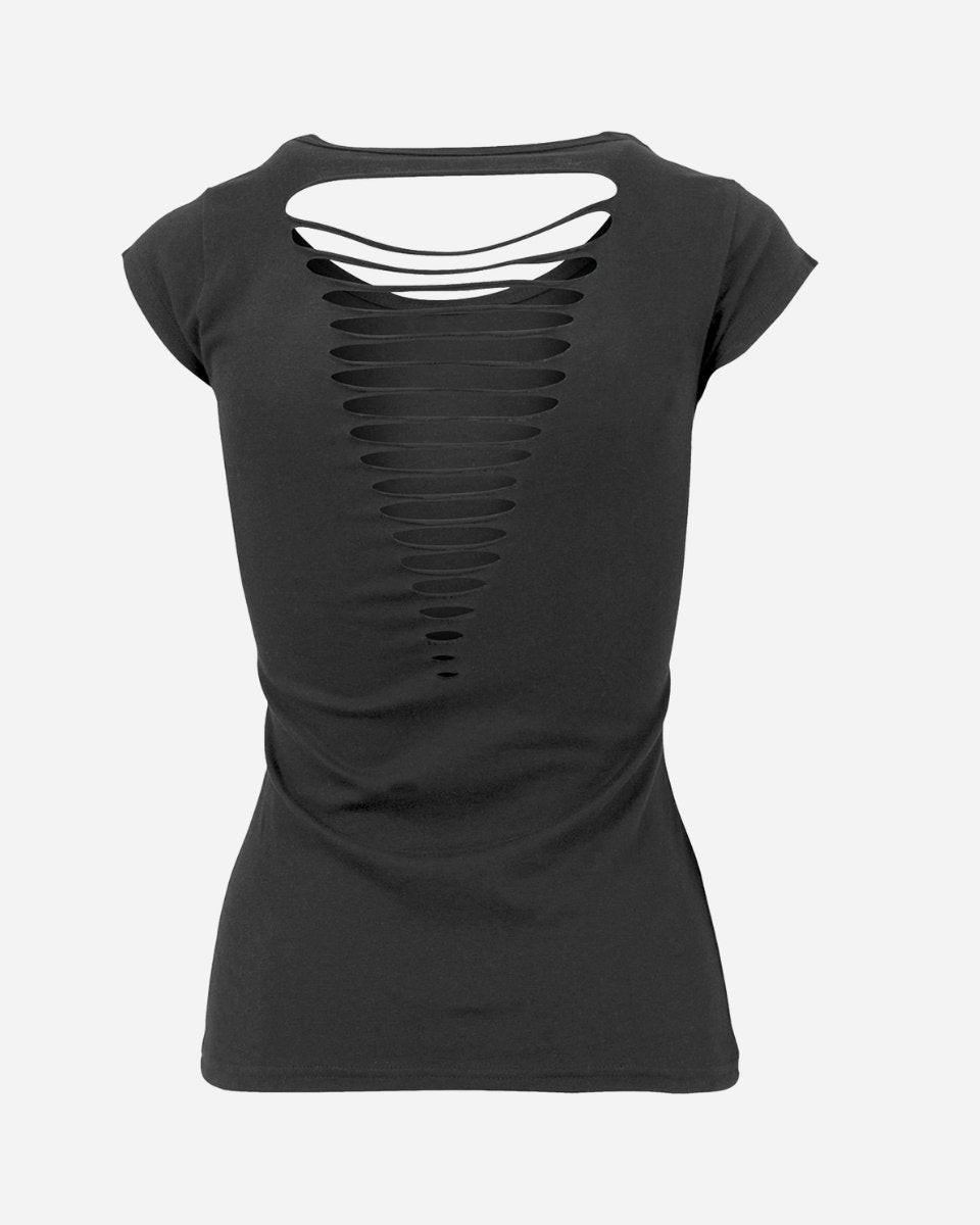 The 2025 Barbed Butterfly T-Shirt is a black short-sleeve top featuring horizontal slits down the back for a shredded, ladder-like look. Shown on a plain white background.