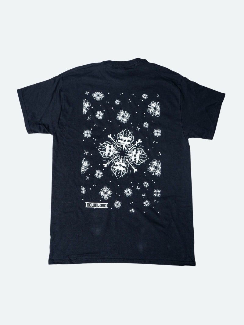 Back view of a black t-shirt featuring a large central white snowflake design composed of mirrored snarling dog heads and crossed bones, surrounded by smaller matching snowflakes and symbols, with the Download logo near the hem.