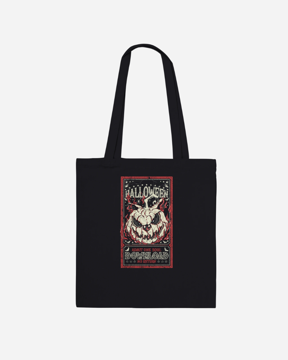 The Download Admit One Soul Black Tote Bag from Download Festival Shop is made from 100% black cotton and features a Halloween-themed graphic with a carved pumpkin, bats, and the text “Halloween” and “Download” in red and white accents on a dark background. This made-to-order tote bag has long handles for comfortable carrying.