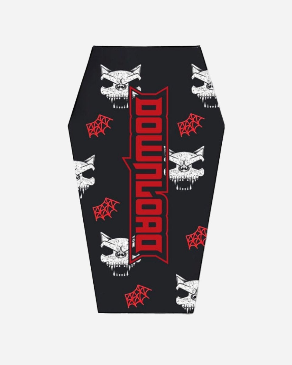 The Coffin Boxed Socks by 2025 come in a black coffin-shaped box featuring white skulls, red spider webs, and the bold word Download in red with a white outline displayed vertically at the center.