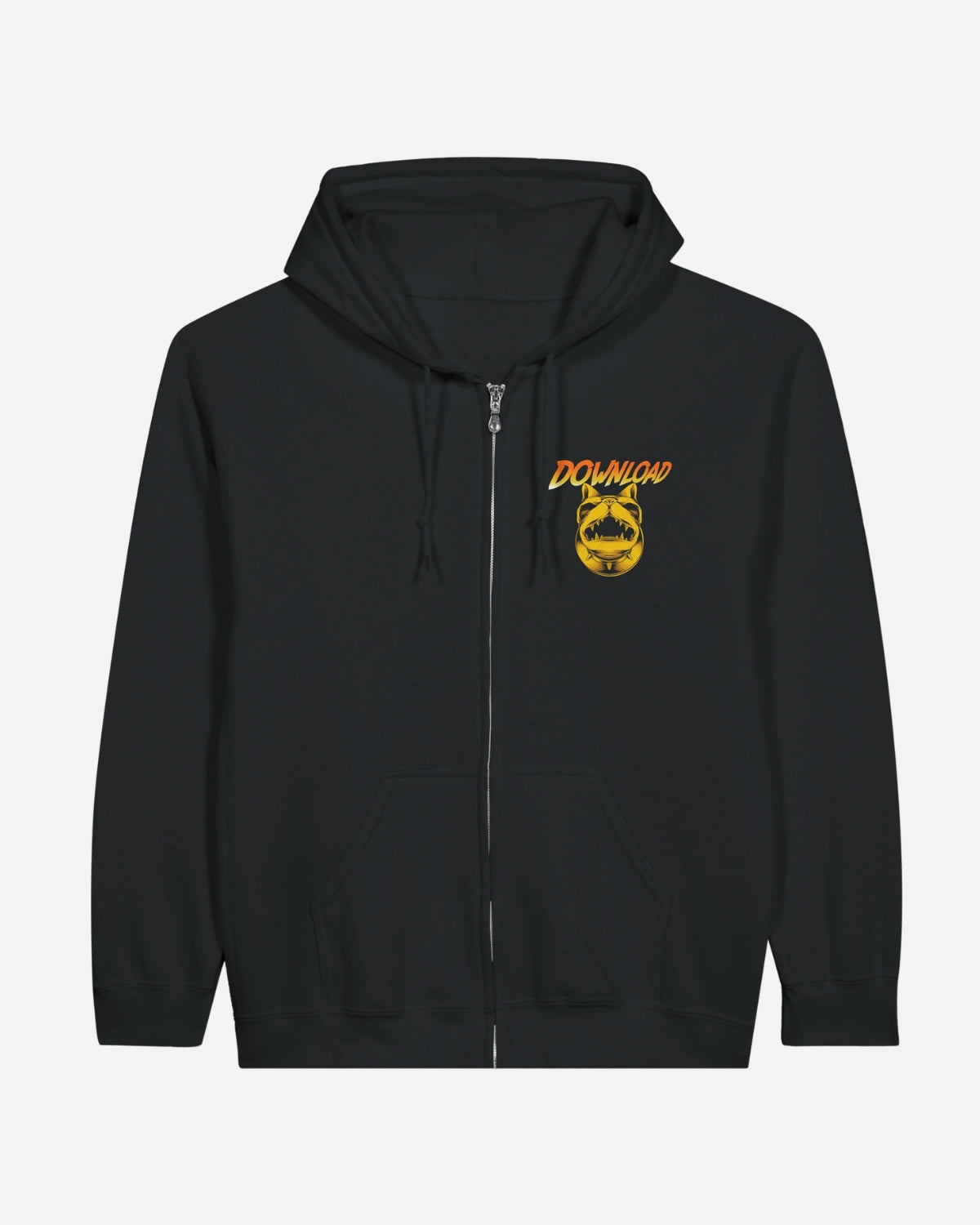The Indiana Bones Black Zip Hoodie from Download Festival Shop is a black organic cotton zip-up with two front pockets, a hood, and a yellow-orange Download logo featuring a dog's face graphic on the upper left chest.
