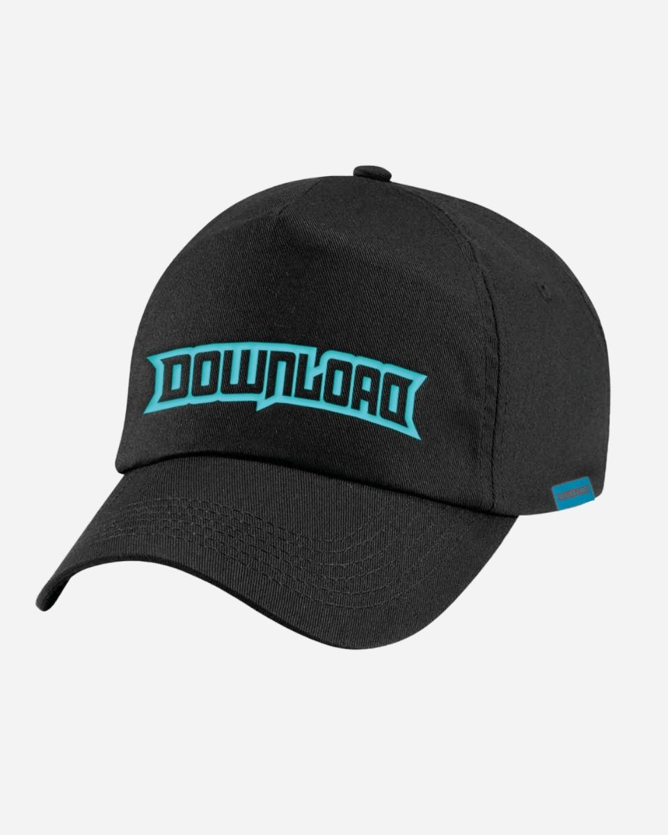 The Blue Download Logo Cap by 2025 is a black cap featuring DOWNLOAD in bold turquoise letters on the front and a small turquoise tag on the side, shown against a plain white background.