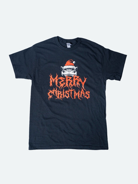 Black short-sleeve t-shirt featuring a snarling Download Festival dog wearing a red Santa hat, positioned above the words "Merry Christmas" in jagged, flame-like lettering.