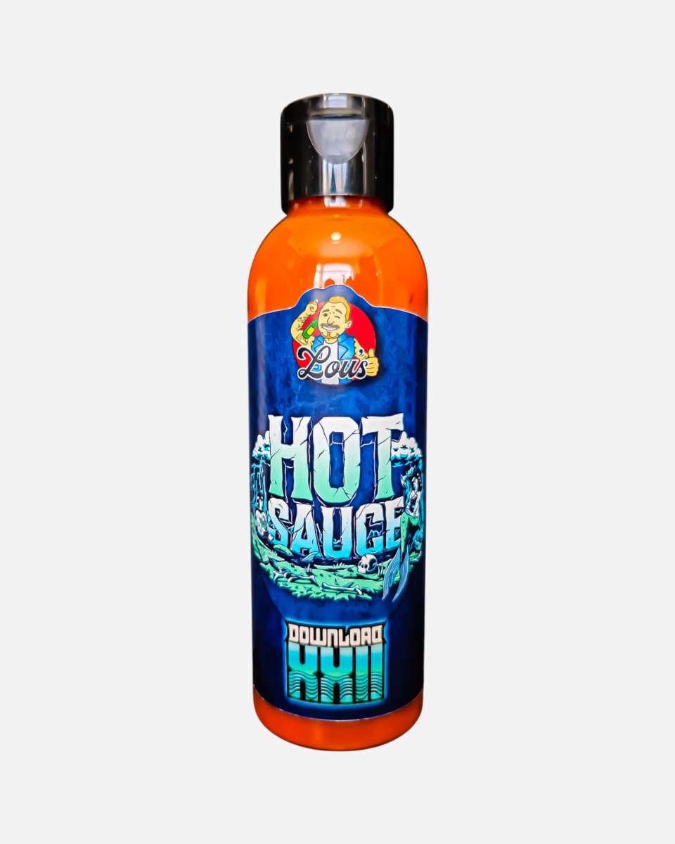 A bottle of Lous Download XXII Hot Sauce by 2025, featuring orange-red liquid, a black cap, and a blue label with the name, “HOT SAUCE DOWNLOAD XXII,” and an illustrated logo of two smiling people at the top.
