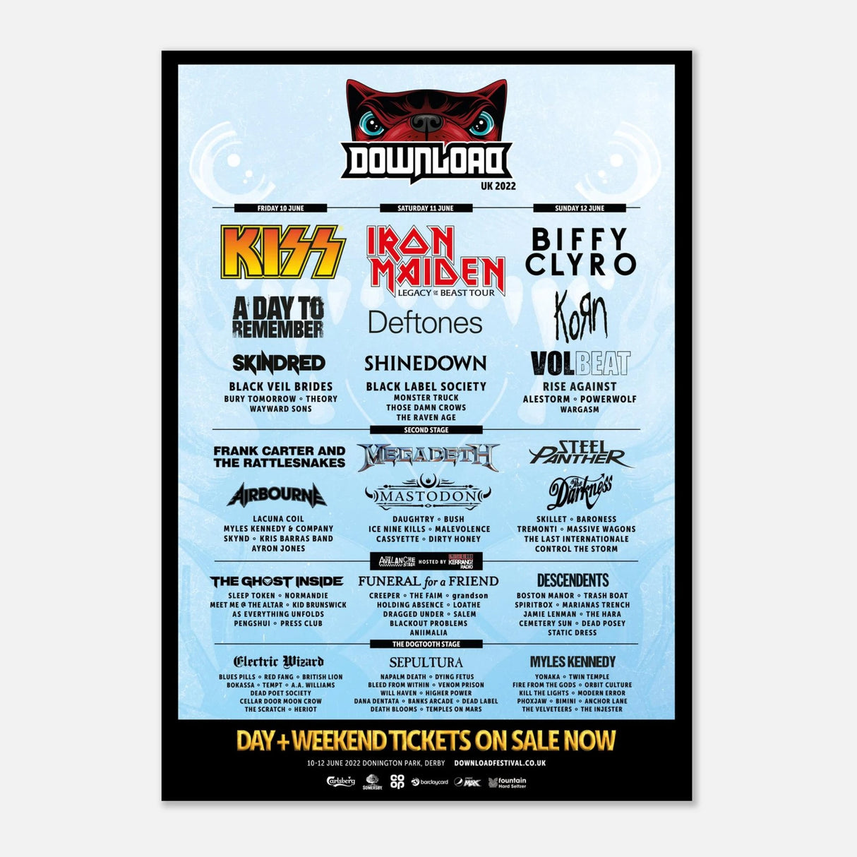 The Download 2022 Line Up Poster A2 from Download Festival Shop is printed on FSC-certified semi-glossy paper and shows headliners KISS, Iron Maiden, Biffy Clyro, with supporting acts, dates, location, and ticket info on the poster.