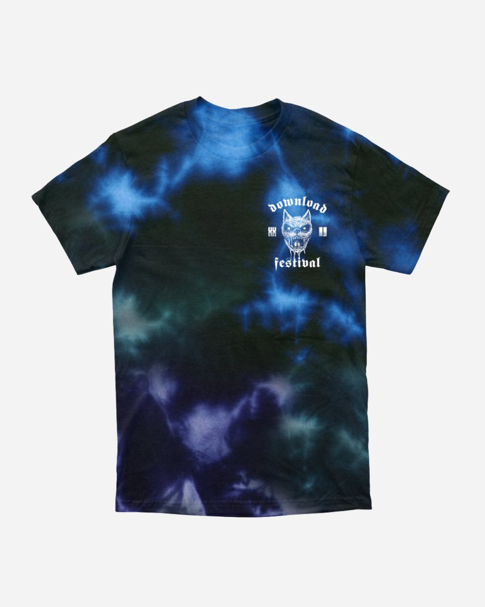 The 2025 Tie Dye Event Line Up T-Shirt is blue and black with a small dog face graphic, Download Festival, and symbols on the upper left chest.