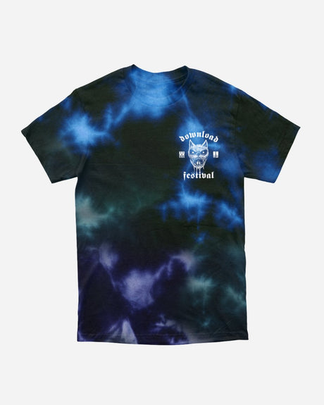 The 2025 Tie Dye Event Line Up T-Shirt is blue and black with a small dog face graphic, Download Festival, and symbols on the upper left chest.
